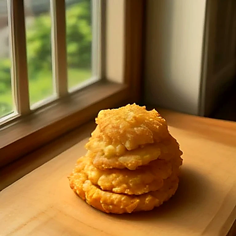 Golden fried pieces stacked on a wooden board in warm window light.