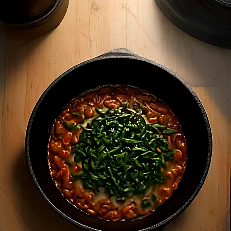 Glossy braised greens in a black cast iron skillet on a wooden board.