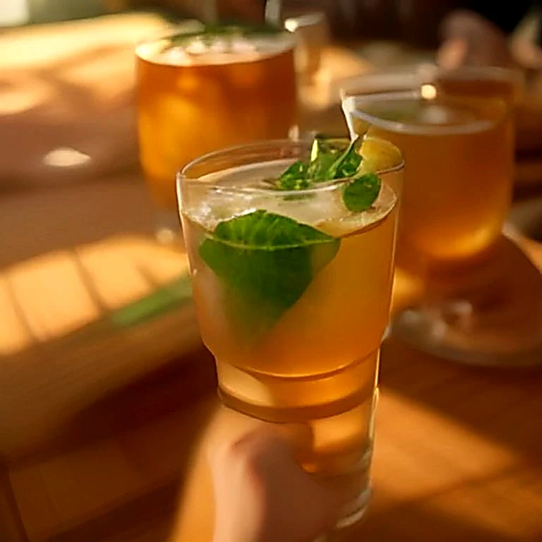 Four hands raising glasses of iced tea in a toast above a crowded table.