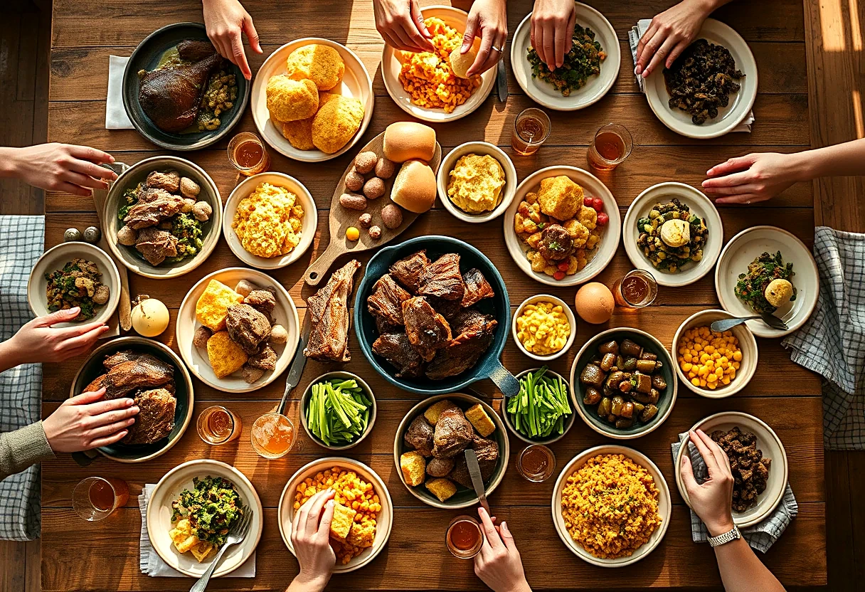 Overhead view of a long wooden table crowded with large shared platters of Southern comfort food, with several pairs of hands reaching in to serve, lit by bright daylight.