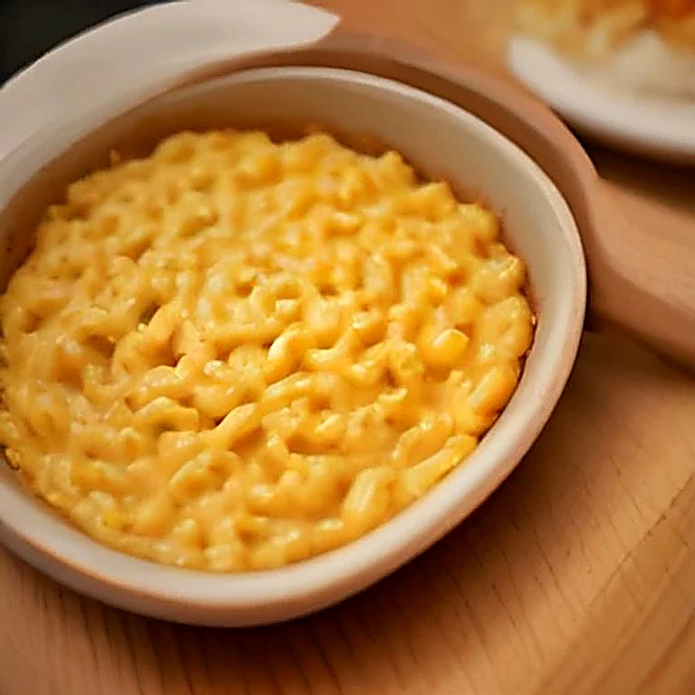 A golden baked macaroni and cheese in a plain white oval dish with a serving spoon lifting a portion.